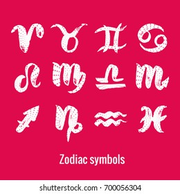 Signs of the zodiac. Set symbol calligraphy. Fashion illustration style. Vector illustration white isolated on a pink background. Concept for women's T-shirts, fashion magazines and blogs.