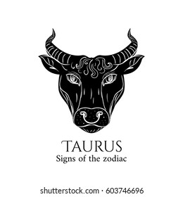 Signs of the zodiac. Taurus hand draw. Black silhouette and white details. Vector illustration isolated on a white background.