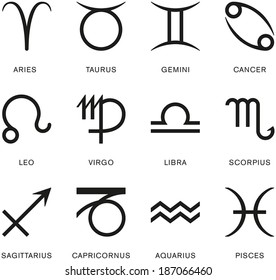 Signs Of The Zodiac - The twelve star signs in a simple black and white vector illustration.