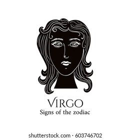 Signs of the zodiac. Virgo hand draw. Black silhouette and white details. Vector illustration isolated on a white background.