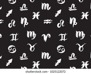 Signs of the zodiac. Wide background. Symbol hand draw Aries, Taurus, Gemini, Cancer, Leo, Virgo, Libra, Scorpio, Sagittarius, Capricorn, Aquarius, Pisces. Vector illustration isolated on a black