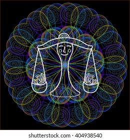 Signs of the zodiac.Libra. Isolated outline vector EPS10. Astrology.Bright glowing mandala in the background.