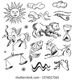 Signs of the zodiacs. Vector set of star symbols. Hand drawing.