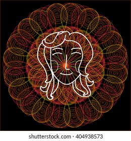 Signs of the zodiac.Virgo. Isolated outline vector EPS10. Astrology.Bright glowing mandala in the background.