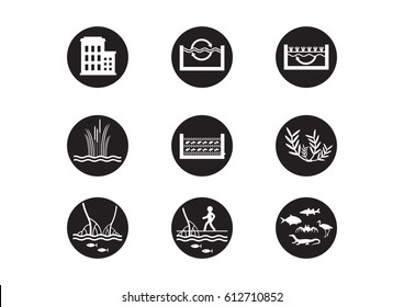 signs,symbol,icons, concepts for mangrove.black and white icon,waste water treatment icons.