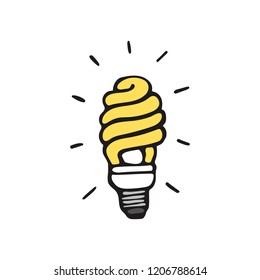 Sign/symbol of energy saving bulb with rays. Isolated on white background. Doodle style. Vector. Idea concept.
