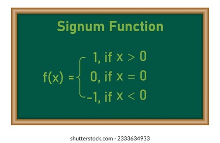 Signum function formula domain and range. Mathematics resources for teachers and students. Vector illustration isolated on chalkboard.