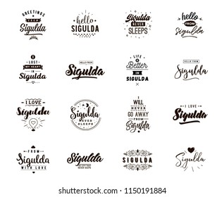 Sigulda. Greeting cards, vector design. Isolated logos. Typography set.