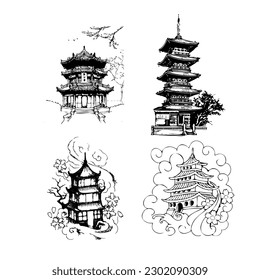 Siheyuan, traditional Chinese house. Manors, palaces, temples, monasteries of China. Vector black and white drawing EPS 10