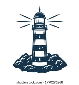 Sihluette of lighthouse by the sea on the rock or mountain. Vector object for design