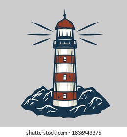 Sihluette of lighthouse by the sea on the rock or mountain. Vector object for design