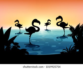 Sihouette scene with flamingo in the pond illustration