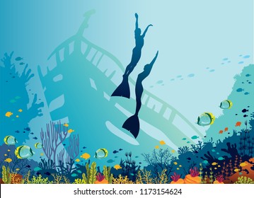 Sihouette of two freedivers, coral reef, fishes and old wreck on a blue sea background. Underwater marine wildlife. Vector nature illustration. Underwater sport - free diving.