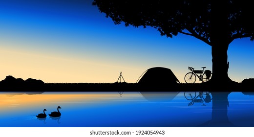 Siihouette of bicycle Camping riverside. Vacations outdoors with tent and bicycles. Vector illustration