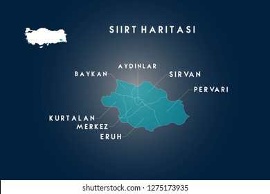 Siirt districts aydinlar, baykan, kurtalan, eruh, pervari, sirvan map, Turkey