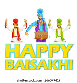 Sikh doing Bhangra, folk dance of Punjab, India for Happy Baisakhi in vector