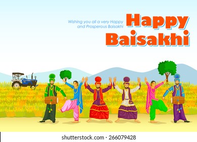 Sikh doing Bhangra, folk dance of Punjab, India for Happy Baisakhi in vector