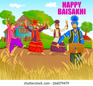 Sikh doing Bhangra, folk dance of Punjab, India for Happy Baisakhi in vector