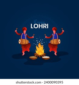 Sikh Men Dancing and Playing Dhol around Fire, Vector illustration of Happy Lohri and Baishakhi Holiday
