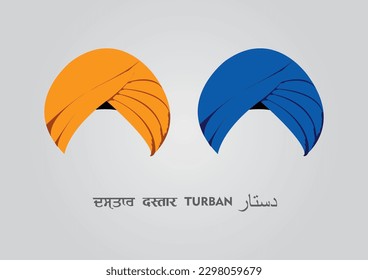 Turbán sij llamado en Dastar punjabí, Dastaar, Pagadi, Ícono turbante en color naranja y azul, Ilustración turbante aislada en fondo blanco, vector sikh, Punjab, vestimenta punjabí, Sardar Ji, Singh