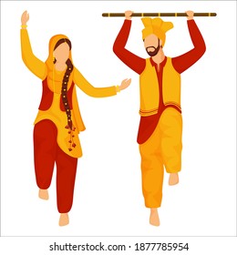 Sikhism Or Punjabi Couple Doing Bhangra Or Folk Dance With Stick On White Background.