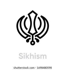 Sikhism Religion icon. Editable line vector. The traditional Khanda sign in the form of a sword surrounded by a throwing ring. Single pictogram.