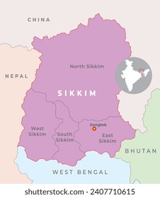 Mapa de localización del distrito de Sikkim con el estado y el país vecinos