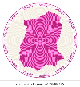 Sikkim round logo design. State shape build of rings. Sikkim text around the state. Vector Illustration.