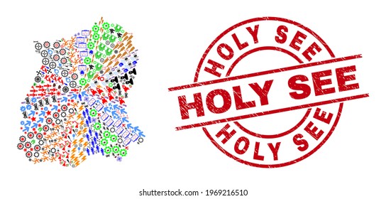 Sikkim State map mosaic and dirty Holy See red round stamp print. Holy See stamp uses vector lines and arcs. Sikkim State map mosaic contains gears, homes, wrenches, bugs, stars, and more icons.