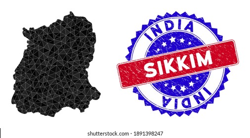 Sikkim State map polygonal mesh with filled triangles, and distress bicolor watermark. Triangle mosaic Sikkim State map with mesh vector model, triangles have randomized sizes, and positions,