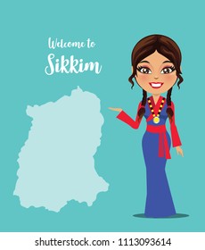 A Sikkim Woman From India In Front Of Sikkim State Map