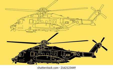 El ciclón Sikorsky CH-148 es un helicóptero de doble motor, multifunción a bordo, página de color y colorido personaje de clipart. Diseño adecuado para la impresión de camisetas, icono, logotipo, etiqueta, parche o pegatina. 
