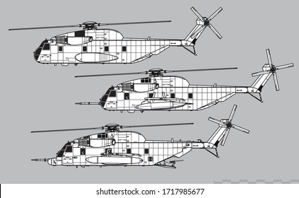 Sikorsky CH-53 Sea Stallion. Vector drawing of heavy-lift cargo helicopter. Side view. Image for illustration and infographics.