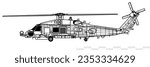 Sikorsky MH-60R Seahawk. Vector drawing of anti submarine helicopter. Side view. Image for illustration and infographics.