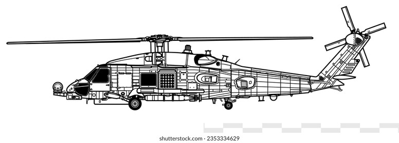 Sikorsky MH-60R Seahawk. Vector drawing of anti submarine helicopter. Side view. Image for illustration and infographics.