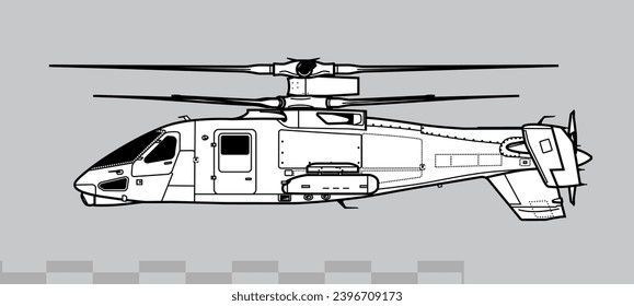 Sikorsky S-97 Raider. Vector image of high-speed helicopter prototype. Side view. Image for illustration and infographics.