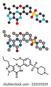 Sildenafil erectile dysfunction drug molecule. Conventional skeletal formula and stylized representations. 