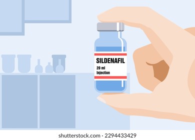 Sildenafil generic drug name. It is used in treatment erectile dysfunction and pulmonary arterial hypertension. Medicine vial illustration.