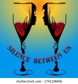 Silence between us. Man and woman silhouette face to face