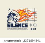 silence calligraphy slogan with burning skull vector for streetwear and urban style t-shirt design, hoodies, etc