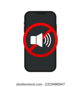 Silence cell phone sign isolated on white background. Flat cartoon volume off or mute mode sign for smartphone, cellphone silence zone. Vector illustration