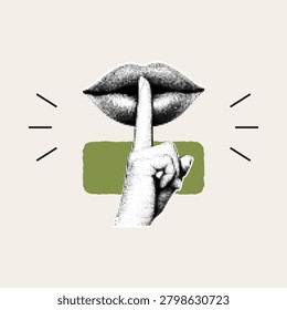 Silence concept collage with lips and finger gesture, olive brush stroke and halftone style. Communication, mindfulness, discretion, quiet reflection and mental wellness illustration.