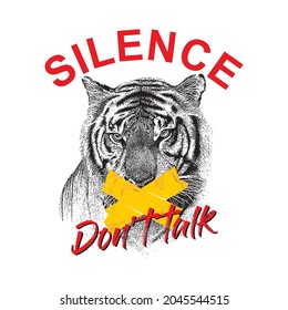 Silence Don't Talk With Tiger Illustration Icon, Typography Illustration