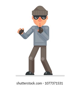 Silence finger evil greedily thief cartoon bulgar rogue character flat design isolated vector illustration