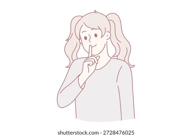 Silêncio e conceito de linguagem gestual. Menina sorridente de pé mostrando gesto silencioso com o dedo da mão sobre a boca fechada pedindo para ser ilustração vetor calma