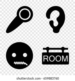 Silence icons set. set of 4 silence filled icons such as ear, emot with zipper mouth, room tag
