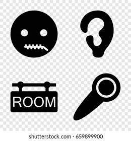 Silence icons set. set of 4 silence filled icons such as ear, emot with zipper mouth, room tag