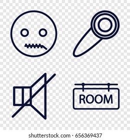 Silence icons set. set of 4 silence outline icons such as no sound, room tag, door knob