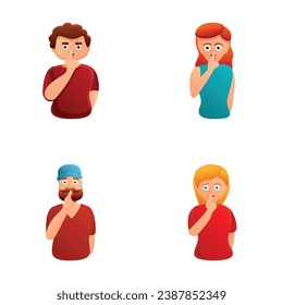 Silence icons set cartoon vector. Man and woman keep finger on lips. Demonstrate silence sign, secret