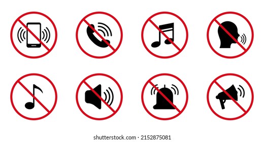 Silence Mute Black Silhouette Icon Set. Forbidden Loud Sound Voice Pictogram. Ban Noise Phone Loudspeaker Sound Red Stop Symbol. Call Prohibited Notice. Quiet Mode Icon. Isolated Vector Illustration.